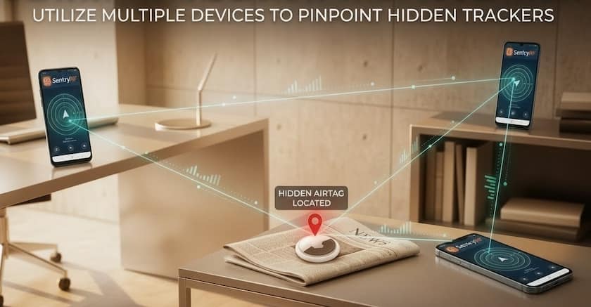 Three phones running SentryRF positioned around a room, triangulating a hidden AirTag concealed under a newspaper