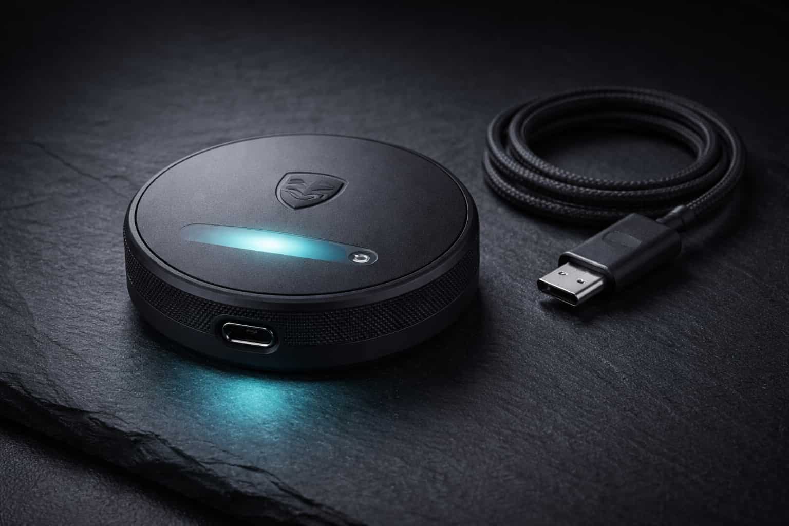 SentryPod — matte black round scanner with cyan LED glow and braided USB-C cable